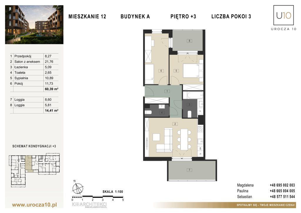 Rzut mieszkania A.12 — Mieszkanie 12 • Budynek A • Piętro +3 • 3 pokoje