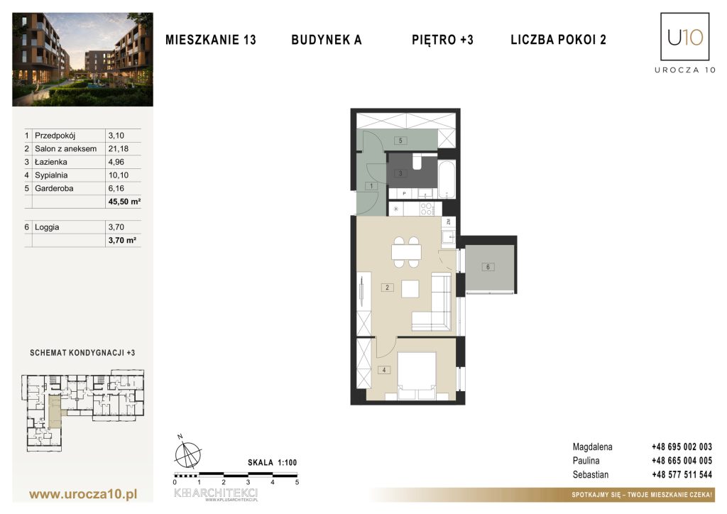 Rzut mieszkania A.13 — Mieszkanie 13 • Budynek A • Piętro +3 • 2 pokoje