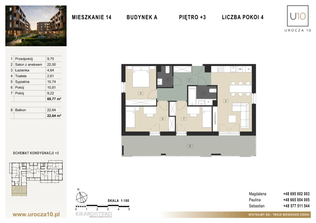 Rzut mieszkania A.14 — Mieszkanie 14 • Budynek A • Piętro +3 • 4 pokoje