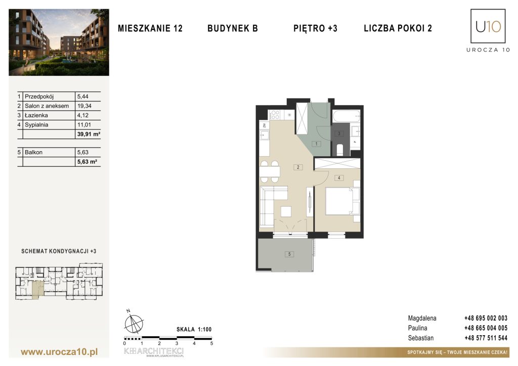 Rzut mieszkania B.12 — Mieszkanie 12 • Budynek B • Piętro +3 • 2 pokoje