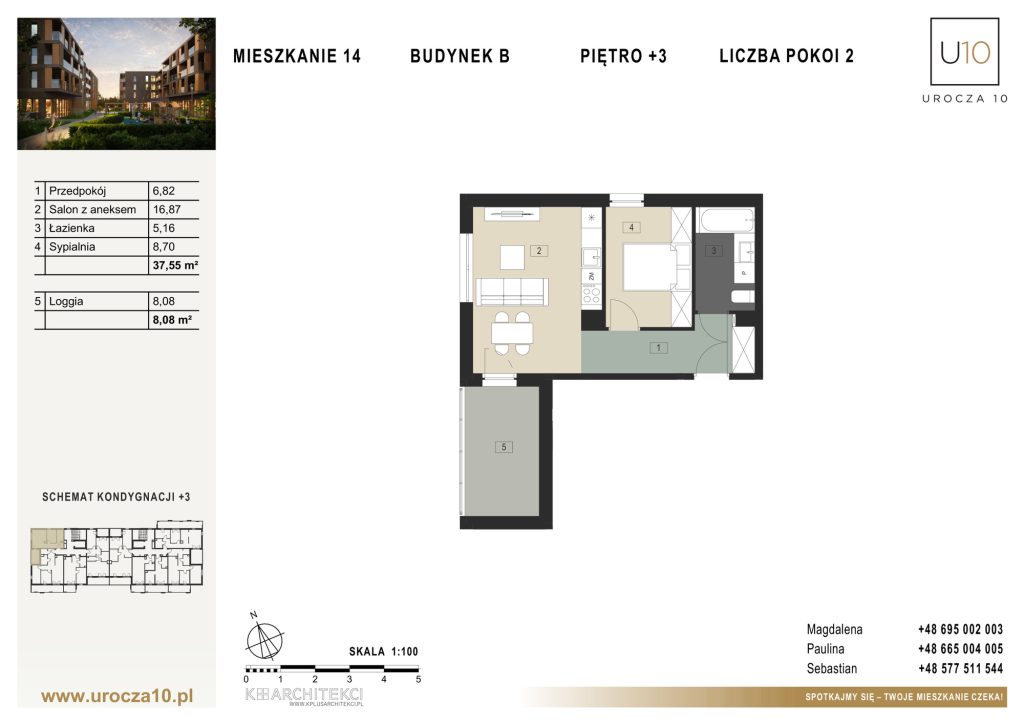 Rzut mieszkania B.14 — Mieszkanie 14 • Budynek B • Piętro +3 • 2 pokoje