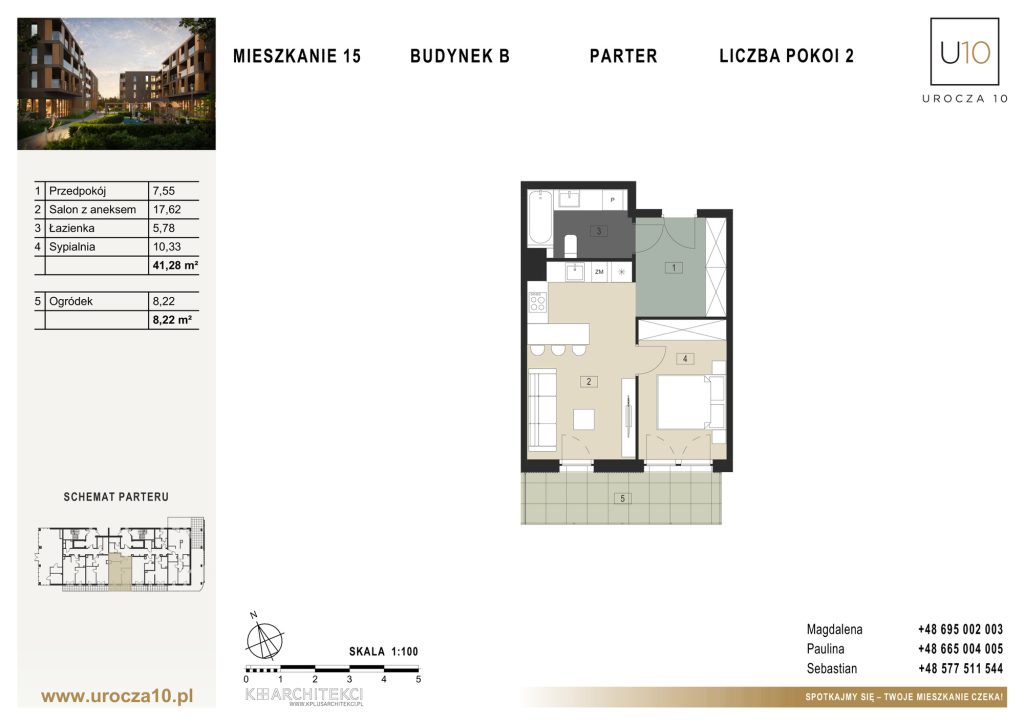 Rzut mieszkania B.15 — Mieszkanie 15 • Budynek B • Parter • 2 pokoje