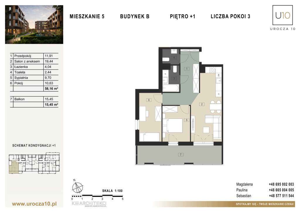 Rzut mieszkania B.05 — Mieszkanie 5 • Budynek B • Piętro +1 • 3 pokoje