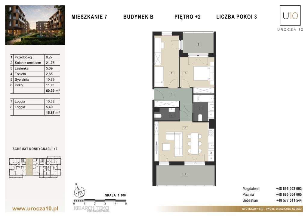 Rzut mieszkania B.07 — Mieszkanie 7 • Budynek B • Piętro +2 • 3 pokoje